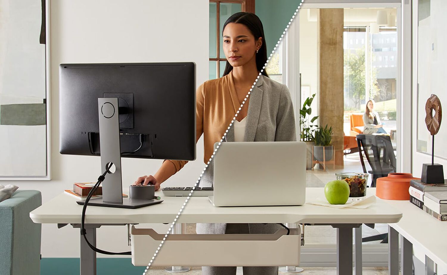 professional working at electric standing desk with half of image shown in office and the other at the home
