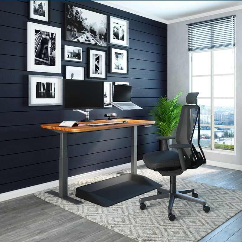 Office setup includes the Electric Standing Desk 48x30, task chair with headrest and accessories. image number null