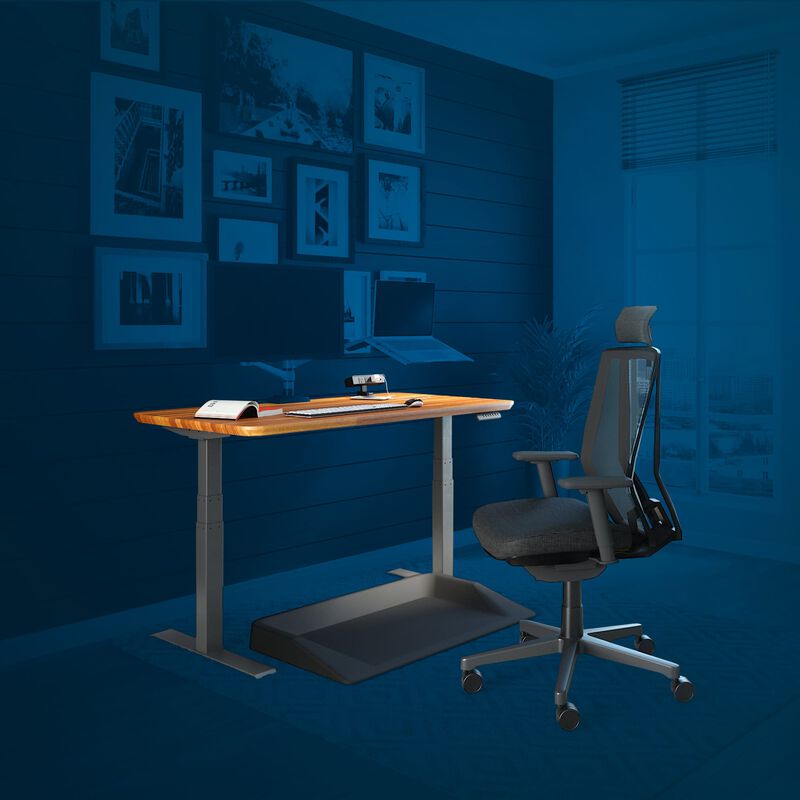 Office setup includes the Electric Standing Desk 48x30, task chair with headrest and accessories shown with a blue background. image number null