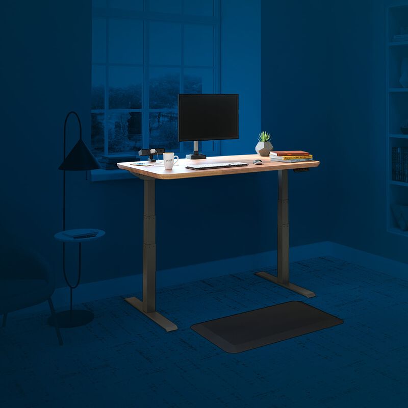 vari electric standing desk 48 by 30 in butcher block with blue background to show accessories image number null
