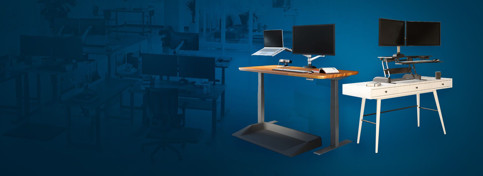 electric standing desk in raised position next to a varidesk converter ontop of white desk