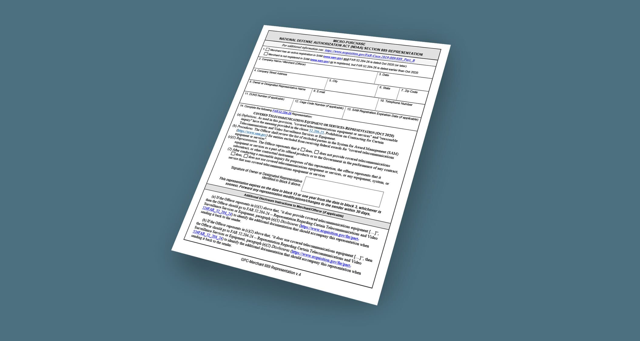 section 889 form on blue background