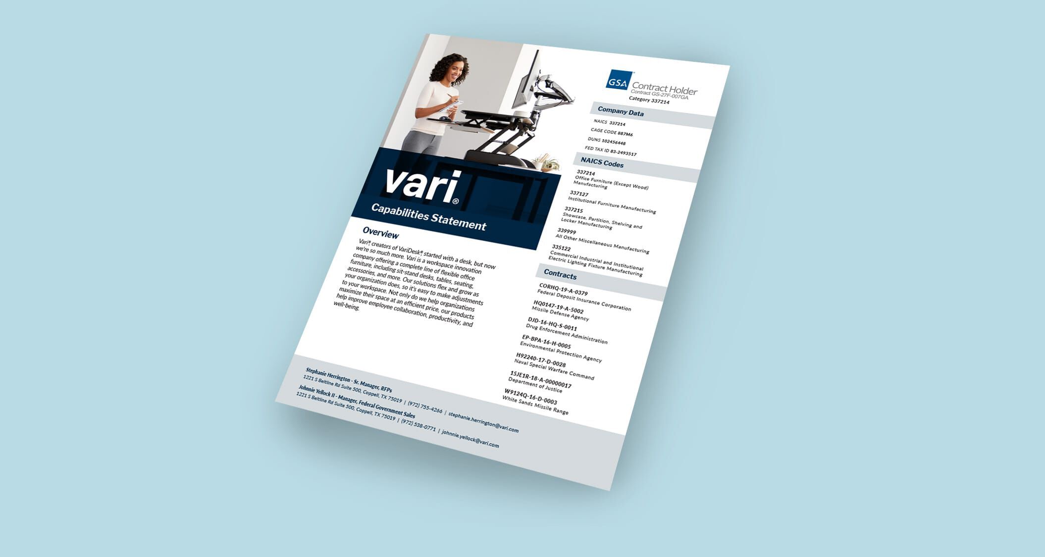 Vari capabilities statement on blue background