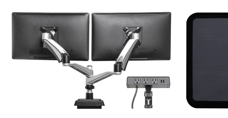 variety of accessories, including a standing mat, a powerhub for power solutions on the desktop, and dual monitor arms to hold monitors off the desk